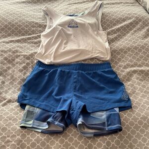 Reebok White and blue Tank with sport bra with Blue Athletic Shorts